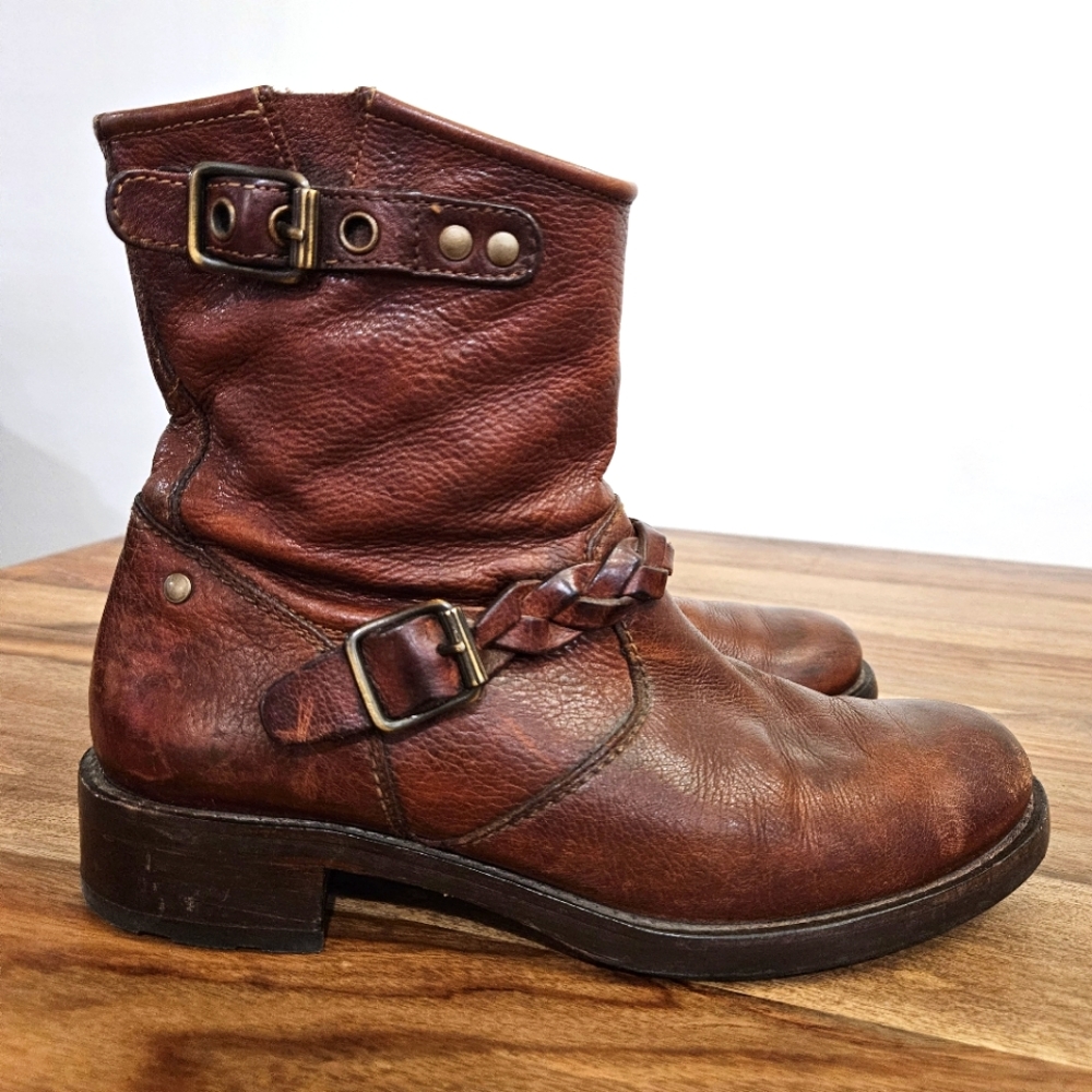 Paul Green Biker Boots Womens US 7.5 Braided Buckle Brown Side Zip